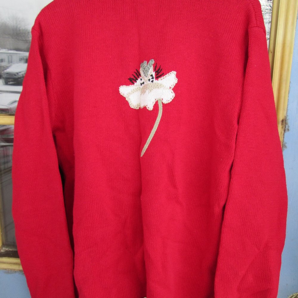 Storybook Knits Red Floral Gardenia Embellished Cardigan Size S Small NWOT - Picture 6 of 6